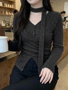 Dazy Plus Korean Style Solid Color Casual Long Sleeve T-Shirt With Tie Straps - Dark Grey - View 6