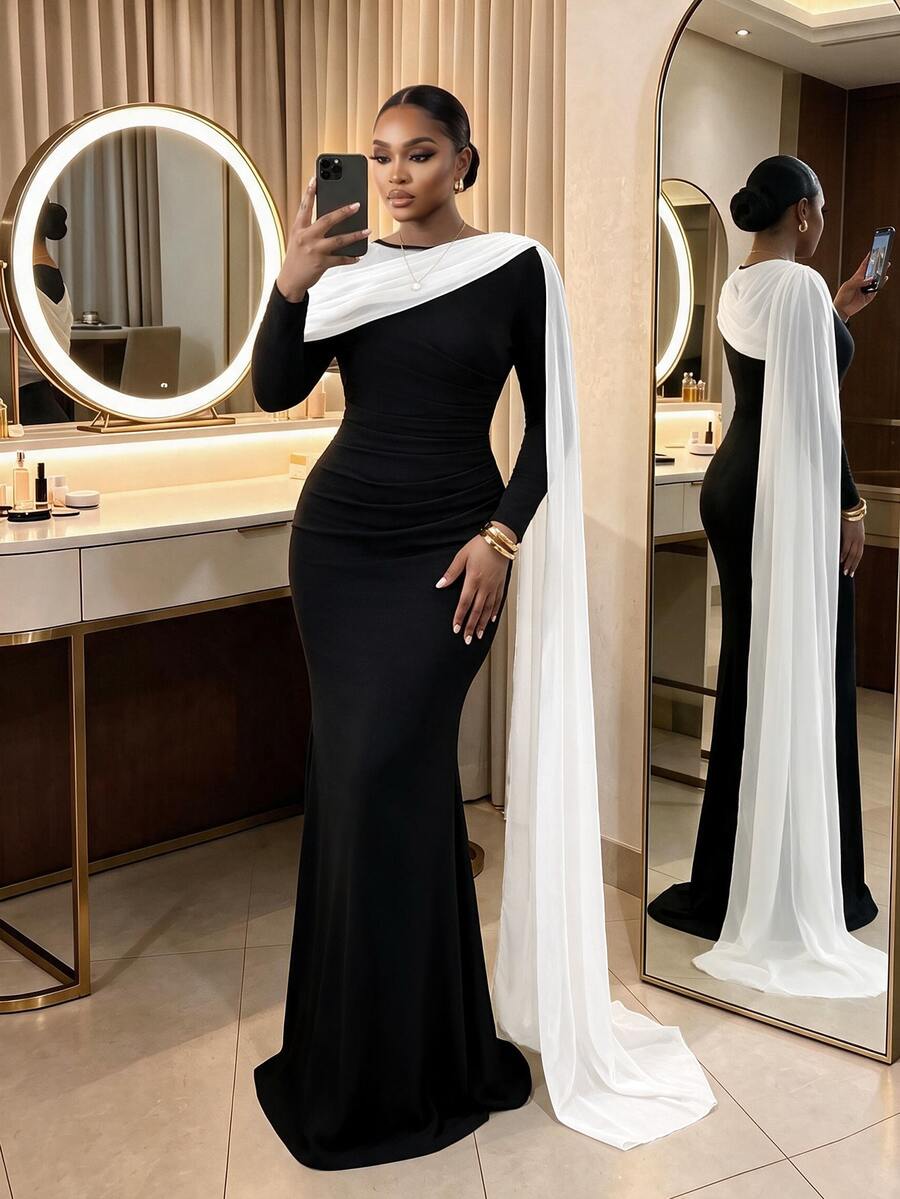 SHEIN Lady Plus Size Women's Colorblock Pleated Casual Party Dress - Black and White - View 1