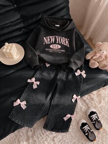 SHEIN Sparklyn Girls 2 Pieces Set, Spring/Autumn Letter Print Long Sleeve Hooded Sweatshirt + Bow Decor Washed Denim Jeans, Casual Children's Outfit, Sweet & Cool Street Style Kids Wear, Suitable For Daily Outings - Grey - View 3