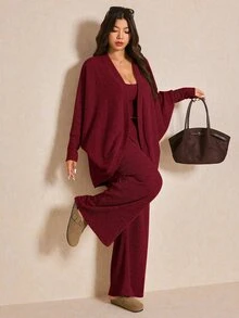 Elaquor 大尺碼女款純色細肩帶上衣、長褲與開襟衫休閒套裝 秋季 - 紅色 - 查看 4