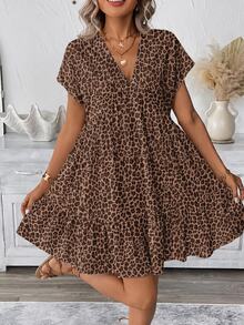 Comfylo Plus Size Women V-Neck Vintage Leopard Print Tiered Short Dress - Multicolor - View 6