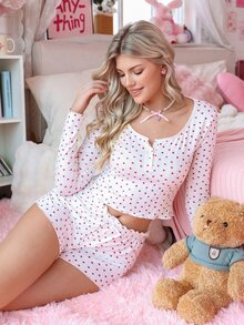 PetitDoll 2pcs Set Ribbed Print Heart Long Sleeve Top + Shorts - Red and White - View 1