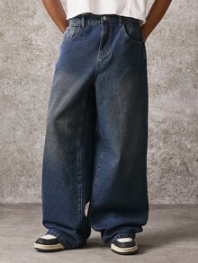 ROMWE MEN Street Life Men's Casual Everyday Travel Denim Jeans With Pocket, Button And Dragon Pattern - Blue - View 6