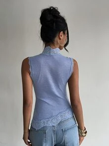 Aloruh 女款蕾絲拼接修身百搭休閒優雅浪漫T恤 夏季穿搭 海灘約會外出度假波希米亞風上衣 白色與銀色 - 淺藍色 - 查看 2