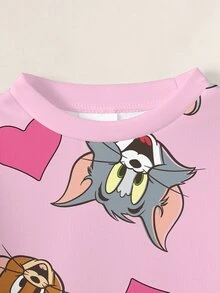 TOM & JERRY X SHEIN 女童卡通印花長袖運動衫與內搭褲套裝 - 白色 - 查看 5