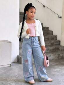 SHEIN Girls Y2K Sweet Style Snowflake Washed Light Blue High Waist Straight Leg Wide Leg Jeans All-Over Print Colorful Heart Rhinestone Decor Campus Daily Versatile High Street Fashion Denim Pants - Medium Wash - View 1