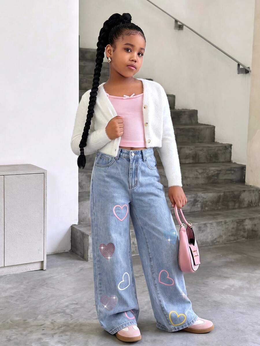 SHEIN Girls Y2K Sweet Style Snowflake Washed Light Blue High Waist Straight Leg Wide Leg Jeans All-Over Print Colorful Heart Rhinestone Decor Campus Daily Versatile High Street Fashion Denim Pants - Medium Wash - View 1
