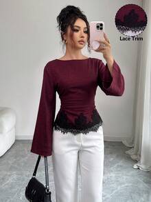 Siren Gaze 女款蕾絲拼接百褶休閒法式優雅百搭日常穿著上衣 早午餐 米色 秋冬 酒紅/紅酒色 聖誕新年 紅色上衣 - 酒紅色 - 查看 4