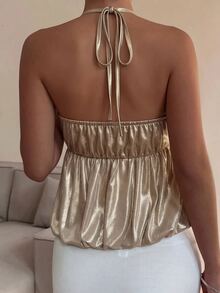 Lavishia Women's Elegant Sexy Party Metal Halter Top, Suitable For Cocktail Party, Holiday, Halter Neck - Gold - View 2