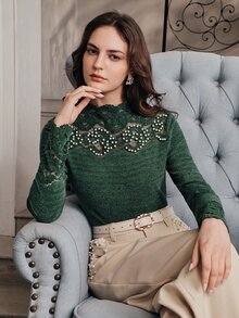 Anewsta Dark Green Lace Beaded Patchwork Knit Fitted Long Sleeve Women's T-Shirt - Dark Green - View 2