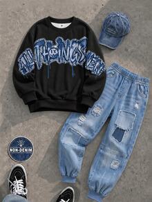 Tween Boy Sweatshirt Set, Basic Pure White Loose Crew Neck Fit, White Ribbed Cuffs And Hem; Large Blue Graffiti Letter Print Across Chest - Black - View 1