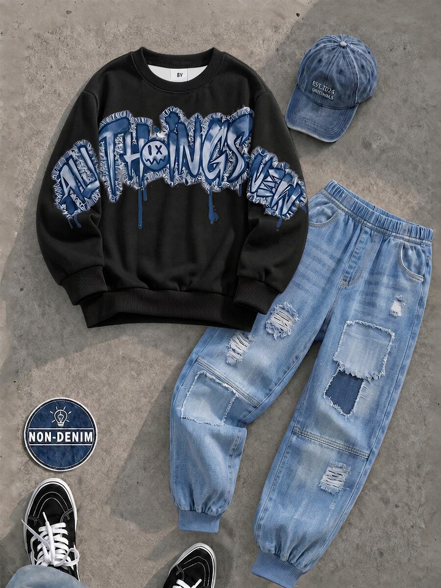 Tween Boy Sweatshirt Set, Basic Pure White Loose Crew Neck Fit, White Ribbed Cuffs And Hem; Large Blue Graffiti Letter Print Across Chest - Black - View 1