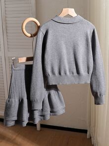 SHEIN Tween Girl Autumn/Winter New Gray Knit 2 Pieces Set, Half-Button Bow Cute Sweater With Double Layer Pleated Skirt, Soft Comfortable Fabric, Suitable For Layering With Coats And Jackets - Grey - View 2