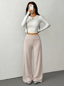 SHEIN PETITE 女款極簡百搭寬鬆長褲，適合日常穿著 - 卡其色 - 查看 7