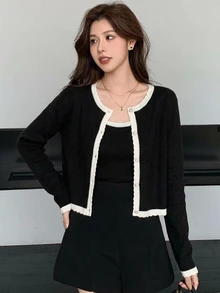 DAZY 女款拼色細肩帶背心上衣與開襟外套休閒兩件套 - 黑色 - 查看 4