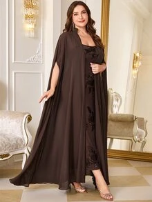 Reflora Plus Size Embroidered Cami Dress With Cardigan Set - Brown - View 3
