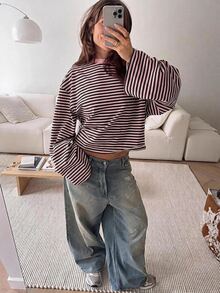 SHEIN EZwear 海外長袖草莓深巧克力條紋上衣，秋季襯衫，適合日常通勤、聚會、秋冬/夏季、聖誕節、新年、感恩節、派對、婚禮、海灘、畢業典禮、優雅、外出、約會、通勤、情人節、優雅、度假、Y2K、畢業典禮等場合 - 彩色 - 查看 6