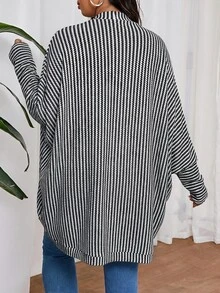 Lounesse 大尺碼女款休閒寬鬆羅紋刷毛針織開襟外套，日常外出穿搭夾克，秋冬休閒外套 - 黑與白 - 查看 3