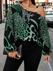 Velvienne Plus Size Asymmetrical Neck Long Sleeve Heart Pattern Print Casual Blouse One Shoulder Top - Dark Green - View 8