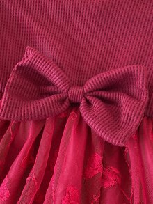 SHEIN Baby Girl Puff Long Sleeve Bow Front Floral Lace Spliced Fall Winter Party Dress - Red - View 4