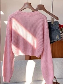 SHEIN EZwear 純色鈕扣前開襟羅紋針織開襟衫，長袖上衣，秋冬針織毛衣 - 淺粉色 - 查看 2