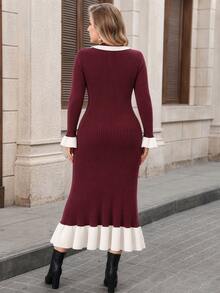 Modelyn Plus Size Women's Colorblock Flare Sleeve Button Design Ruffle Hem Elegant Core-Spun Yarn Knit Dress - Purple - View 2