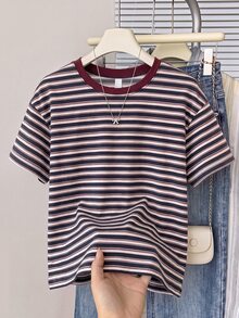 Muvela Women's Casual Round Neck Short Sleeve T-Shirt, Striped T-Shirt - Multicolor - View 7