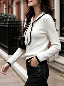 Cévolie Women's Colorblock Casual Versatile Daily Wear Long Sleeve Sweater - Black and White - View 3