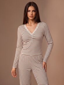 Lazeform Apricot Brown Ribbed Ribbed V-Neck Lace Trim Top And Straight Leg Pants Women's Loungewear 2 Pieces Set - Multicolor - View 5