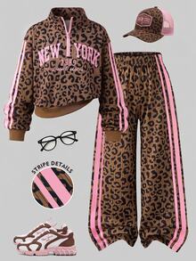 SHEIN Casuvi Kids 青少年女孩春秋冬季休閒兩件套 紐約字母印花立領衛衣與短褲套裝 保暖校園風適合日常穿著、上學通勤、外出散步、購物、旅行，可搭配夾克、背心、鋪棉外套 - 彩色 - 查看 1