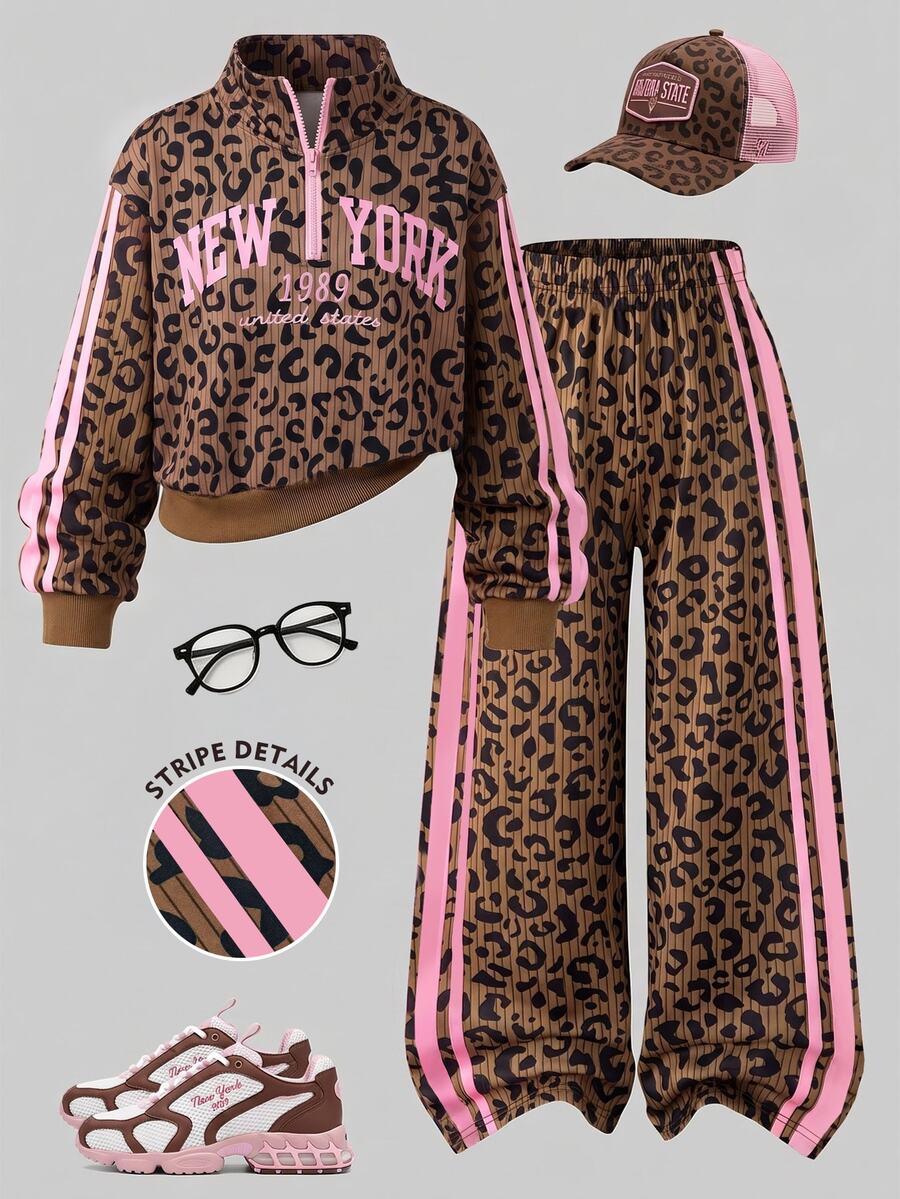 SHEIN Casuvi Kids 青少年女孩春秋冬季休閒兩件套 紐約字母印花立領衛衣與短褲套裝 保暖校園風適合日常穿著、上學通勤、外出散步、購物、旅行,可搭配夾克、背心、鋪棉外套 - 彩色 - 查看 1