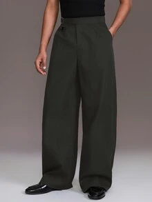 STYNVO Men's Solid Color Metal Buckle Waist Design Wide Leg Long Pants With Pockets - Dark Grey - View 4
