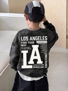 Tween Boy Casual Fashion Round Neck Long Sleeve Sweatshirt, Suitable For Autumn/Winter, Classic Handsome Cool Dry Branch & Fallen Leaf Print, Classic Text & Newspaper Layout Print, Suitable For Streetwear - Multicolor - View 5