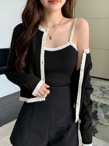 DAZY 女款拼色細肩帶背心上衣與開襟外套休閒兩件套 - 黑色 - 查看 3