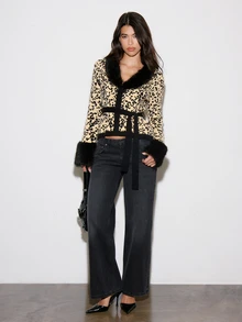 BAD SUNDAY Women's V-Neck Leopard Print Patchwork Fur Collar Knitted Cardigan, Autumn/Winter, Y2K Retro Style - Multicolor - View 4