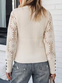 LanaWest Women's French Style Round Neck Floral Lace Patchwork Knitted Top With Exquisite Cuffs, Button Front, Slim Fit, Minimalist Luxury Style - Apricot - View 2