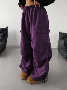 POPSWAY Plus Size Casual Loose Drawstring Cargo Pants - Purple - View 3
