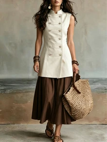SHEIN LUNE Women's Elegant Napoleon Style Vest Coat And Long Skirt Set - Brown - View 1