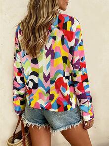 RIVANDRE Women's Geometric Pattern V-Neck Long Sleeve Casual Loose Fit Sweater - Multicolor - View 2