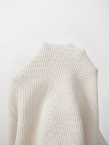 SHEIN Autumn Winter Simple Matching Knit Outfit, Half Zip High Neck Vertical Rib Slim Long Sleeve Pullover - Apricot - View 7