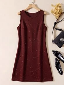 Rusticease Women's Solid Color Shiny Round Neck Sleeveless Casual Short Dress - Red - View 1