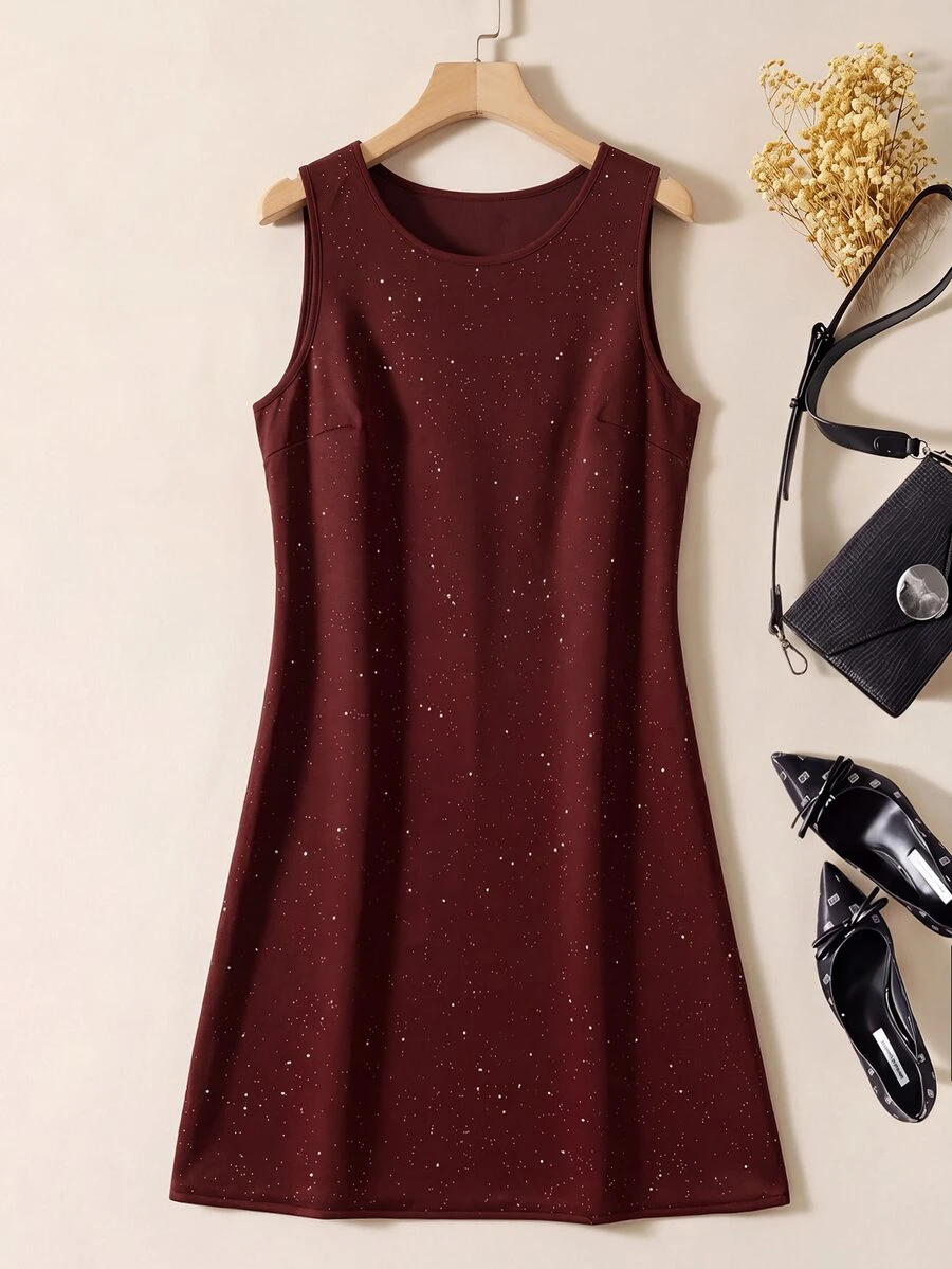 Rusticease Women's Solid Color Shiny Round Neck Sleeveless Casual Short Dress - Red - View 1