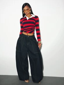 Denimoi Oversized Barrel Jeans Baggy Jeans Boyfriend With Oversized Pockets Fashionable Streetwear - Dark Wash - View 2