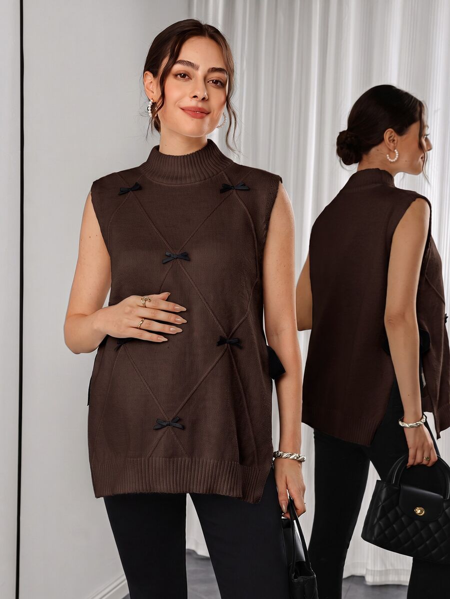 Momance Maternity Sweater Vest, Loose Fit, Small High Neck With Bowknot Accessory, Split Hem Design, Casual Daily Wear, Round Neck Pullover Knit Vest - Brown - View 1