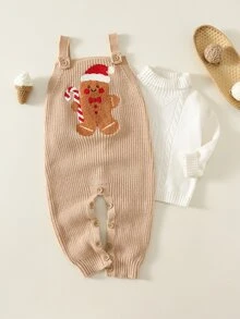 SHEIN 男嬰 Baby Gill 秋冬休閒薑餅人針織連身褲，針織吊帶褲，可愛針織衫，聖誕針織衫，嬰兒針織衫，新年針織衫 - 彩色 - 查看 6