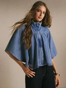 Bohemela Women's Elegant Button-Up Shawl Collar Denim Jacket Street Style - Light Wash - View 4