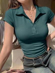 DAZY 女款領口短袖修身內搭性感休閒套頭街頭風T恤 - 綠色 - 查看 4