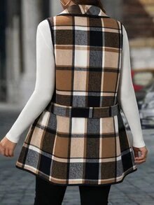 SHEIN 大尺碼女款秋冬新款時尚極簡格紋紋理布料腰部蝴蝶結無袖外套 - 卡其色 - 查看 2