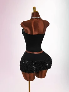 Amplova Women's Solid Color Eyelet Tie Design Bandeau Top And Fluffy Bodycon Skirt Sexy Fashion 2 Pieces Set - Black - View 5