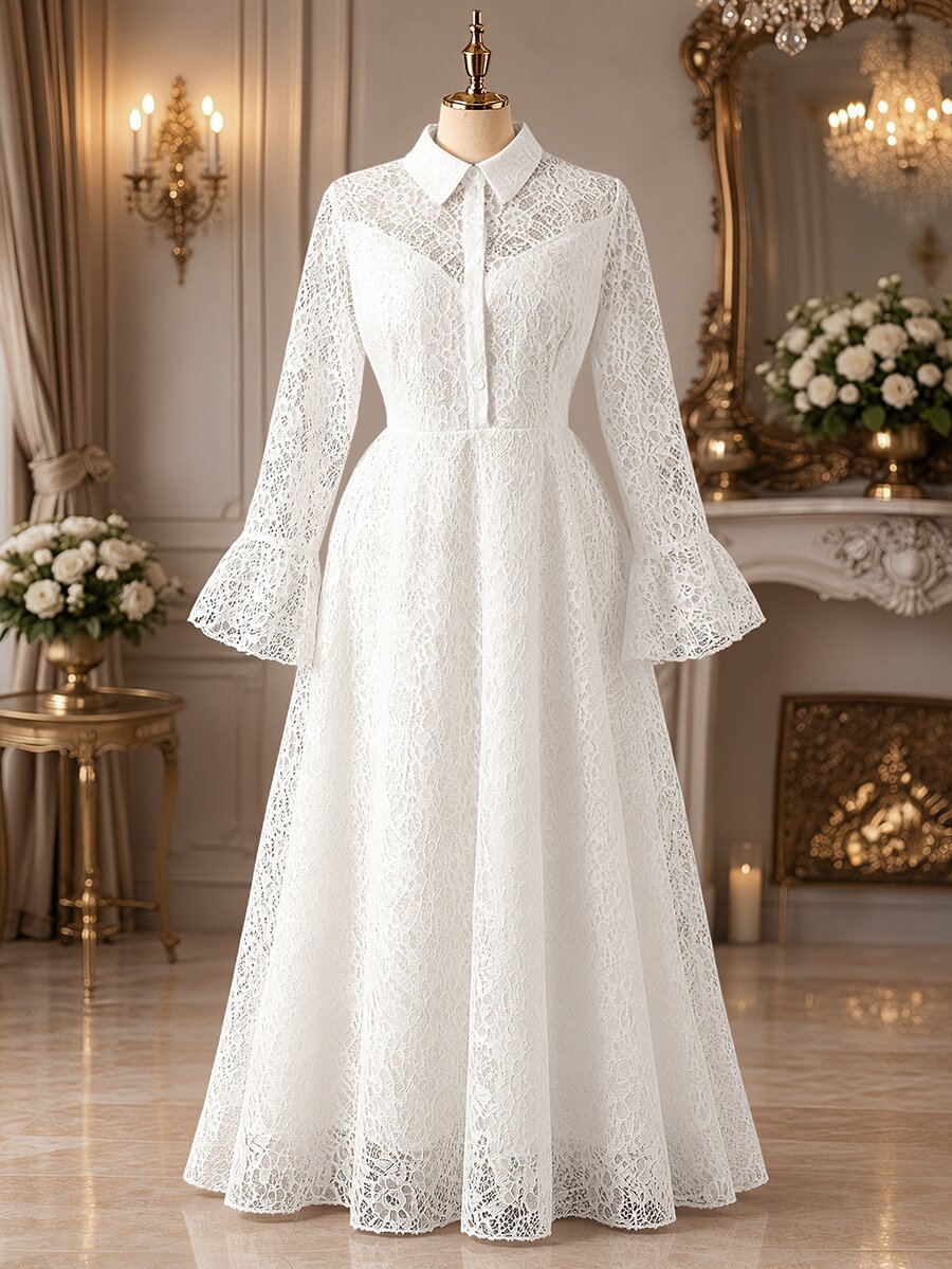 Rometta Plus Size Women's Lace Bell Sleeve Button Half-Placket Elegant Shirt Dress - White - View 1